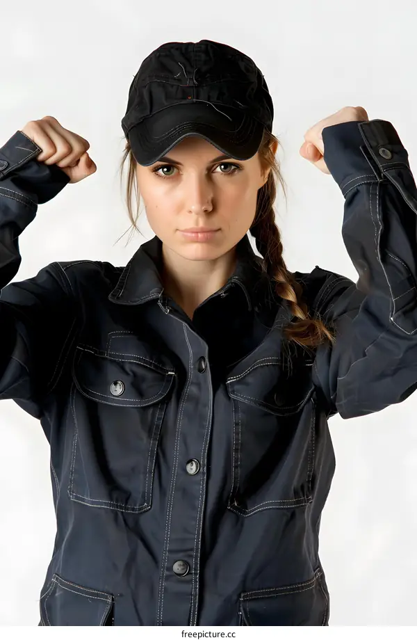 portrait of a young woman in a blue denim jacket and cap
