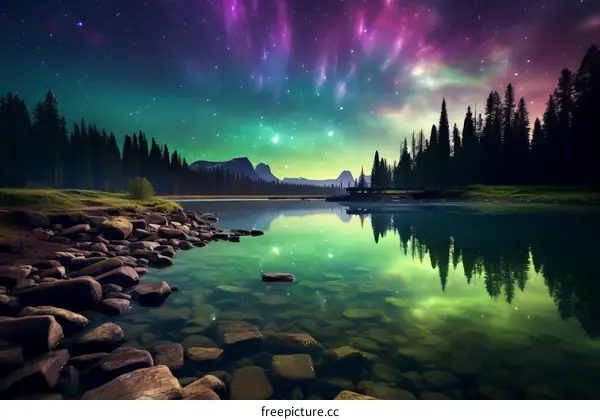 Aurora borealis landscape with mountains, river and trees