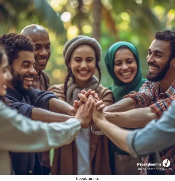 A group of diverse people holding hands and smiling