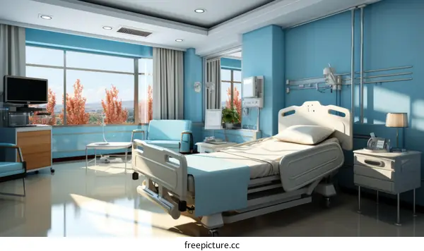 A hospital room with a bed, a chair, and a television