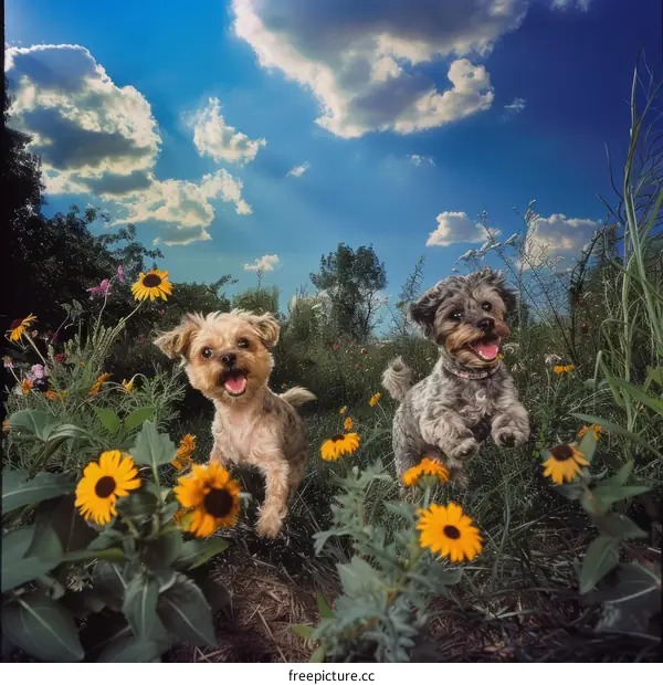 Two small dogs run through a field of yellow flowers
