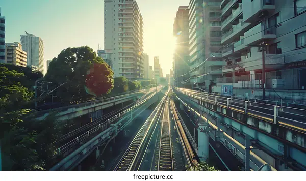 Urban Cityscape with Train Tracks and Buildings