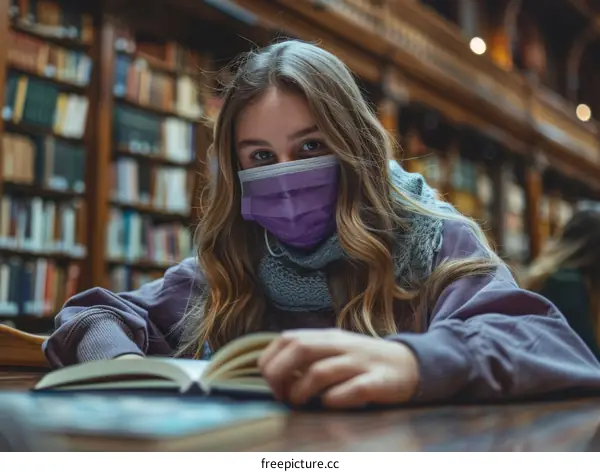 Young woman wearing a mask reading a book in a library
