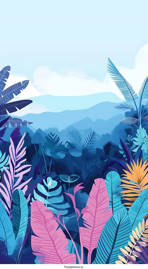 Blue and Pink Tropical Leaves Illustration