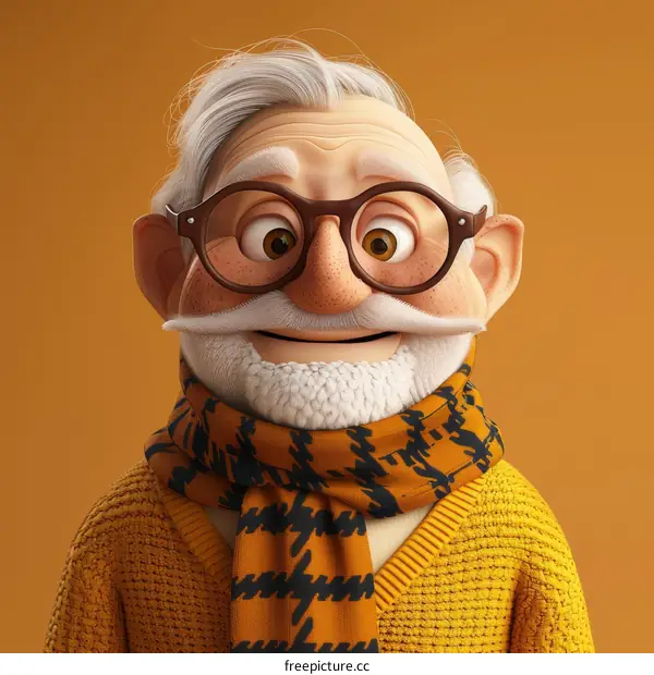 3D rendering of a grandpa with white hair and beard wearing glasses and a yellow sweater