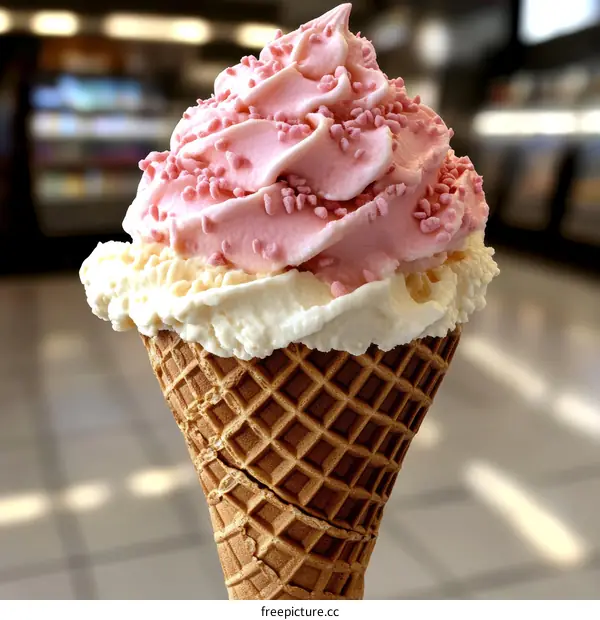 Delicious Pink and White Ice Cream Cone Dessert
