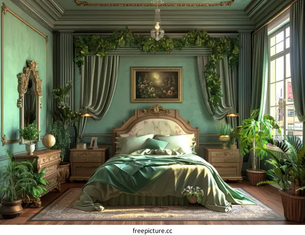 Elegant Vintage Green Bedroom Illustration