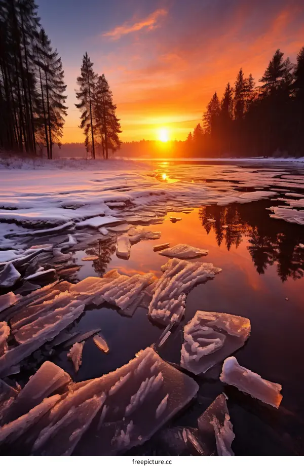A beautiful winter sunset over a frozen river in the countryside