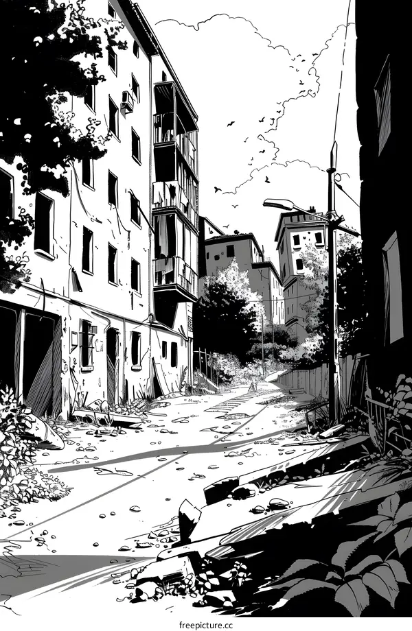 Black and White Illustration of a Desolate City Street