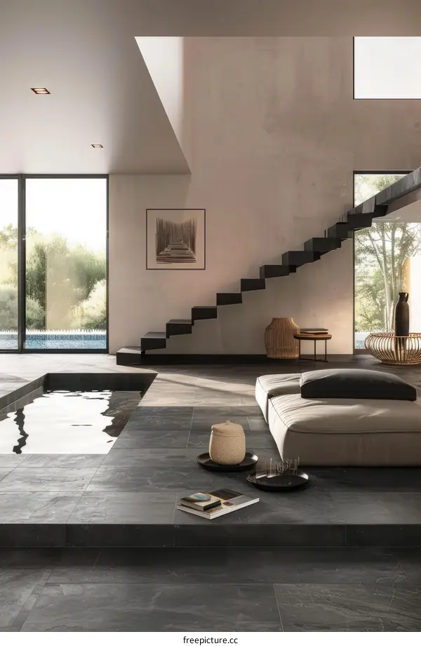 Modern minimalist interior design living room with large windows and staircase