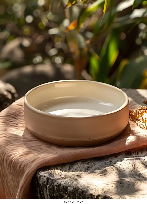 Ceramic Bowl on Peach Colored Cloth with Natural Background