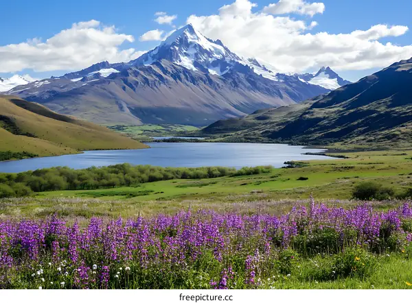 Scenic Mountain View with Purple Flowers and Lake