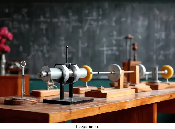 Antique Physics Apparatus on a Wooden Table in a Classroom