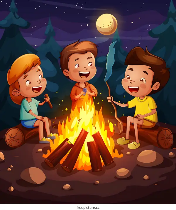 Three Boys Sitting Around a Campfire at Night