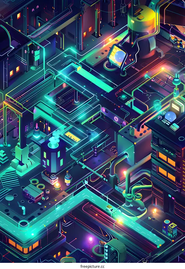 Neon Cityscape with Glowing Lines and Pipes