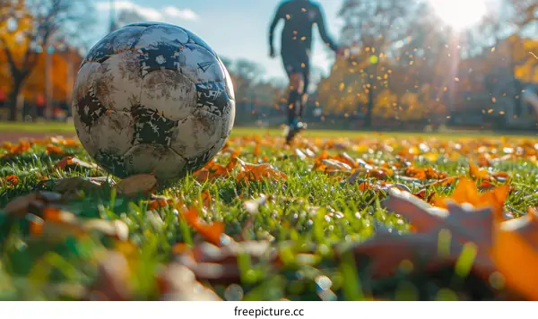 A soccer ball on the grass with a player running in the background