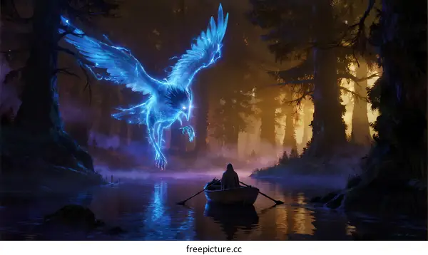 A glowing blue phoenix flying over a mysterious forest lake