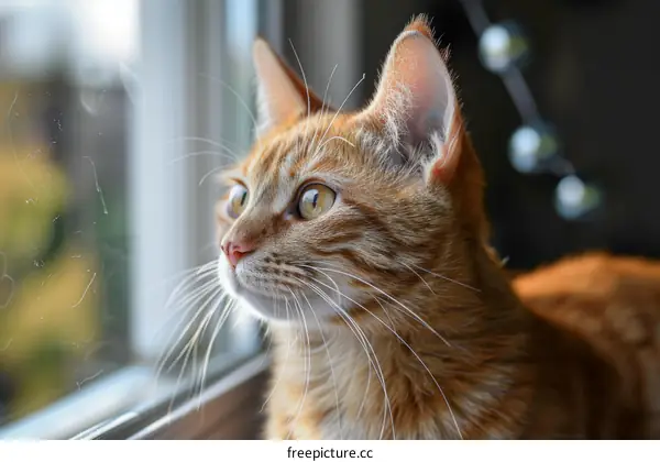 A ginger cat is sitting in front of the window