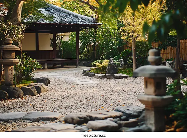 Japanese Garden with Stone Lanterns and Pagoda