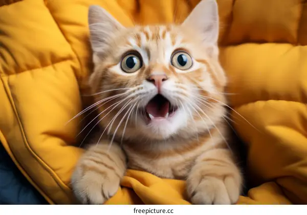 Surprised orange cat with big eyes and mouth open