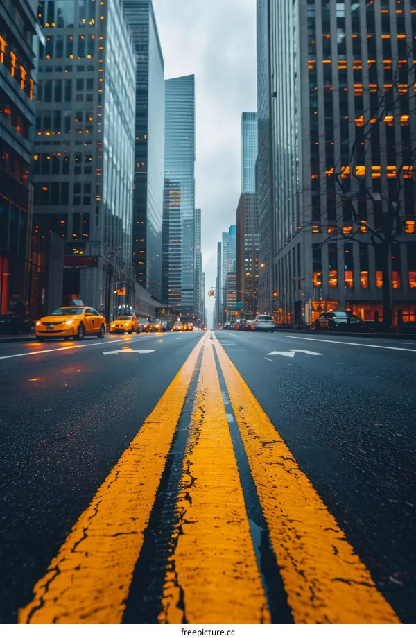 Bustling New York City Street with Yellow Cabs and Impressive Skyscrapers