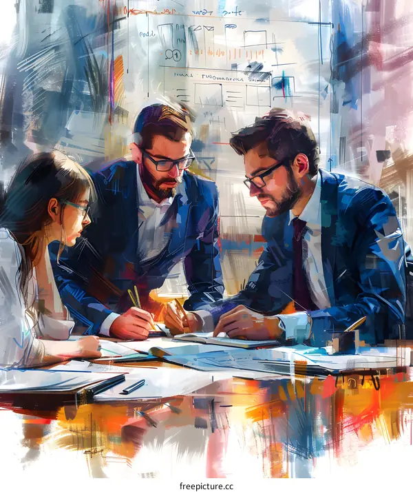 Three business people in suits discussing a project