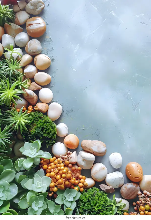 Green Succulents and Stones on Grey Background