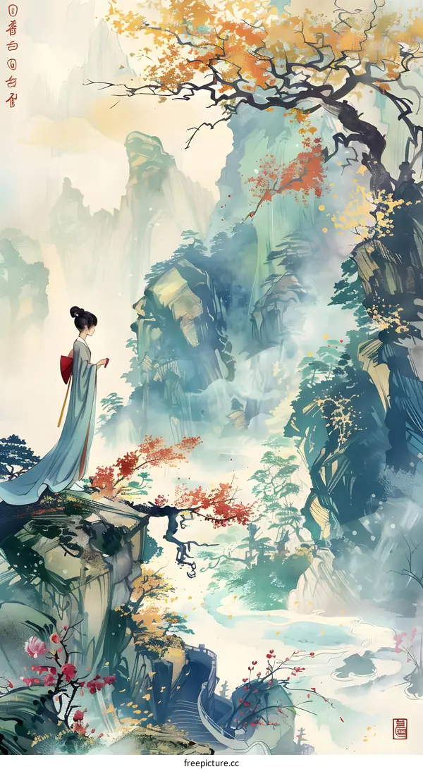 Chinese Style Painting with Woman in Mountain Landscape