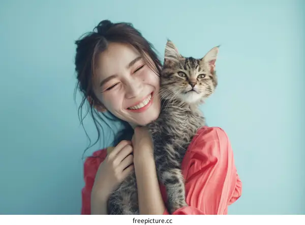 A young woman is smiling and hugging a cat