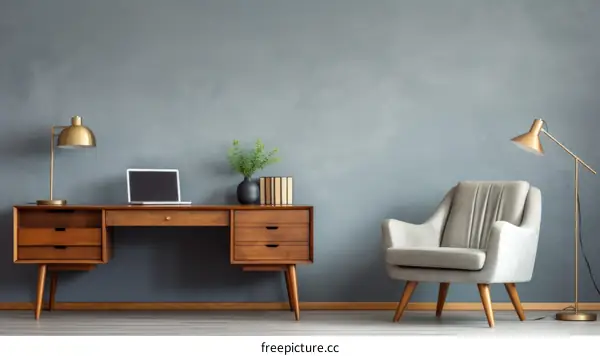 Retro Home Office Workspace with Chic Desk, Chair, and Lamp