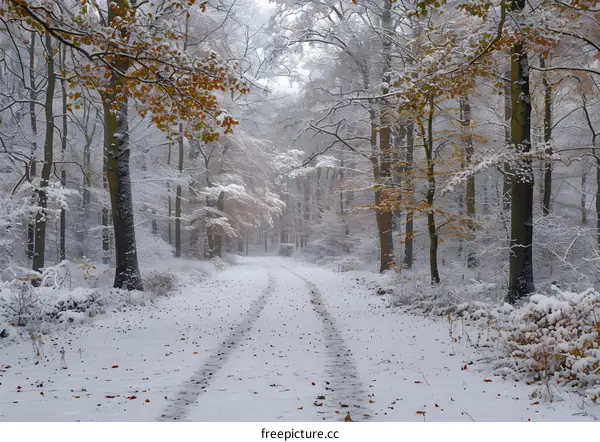 The snow-covered forest path