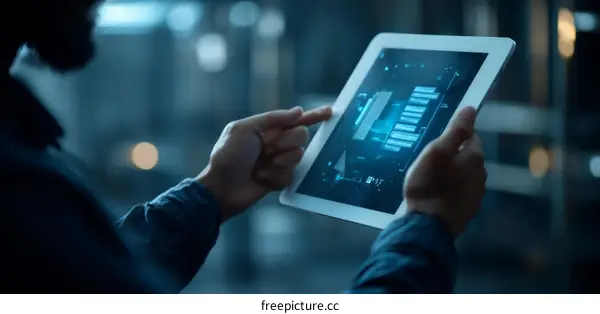 Man using digital tablet with futuristic interface