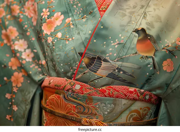A kimono with a pattern of birds and cherry blossoms