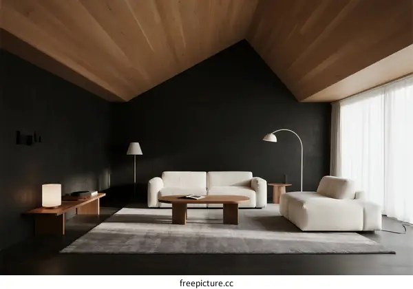 Modern minimalist living room with wooden ceiling and black walls
