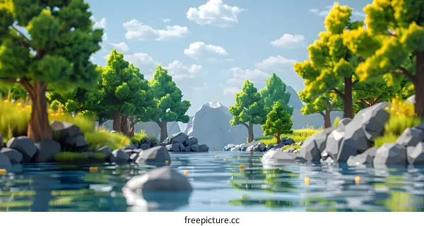 Cartoon Low Poly Forest River Landscape