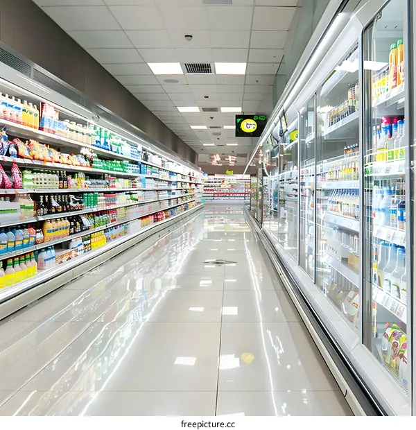 Grocery Store Aisle with Refrigerated Shelves