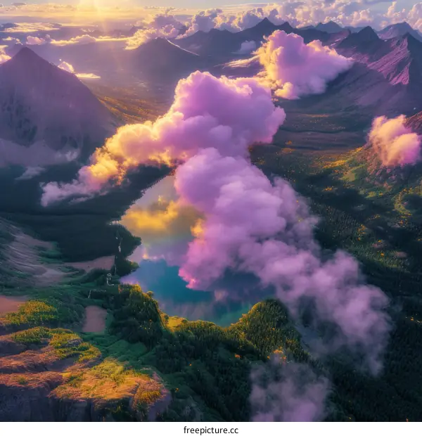 Mountains and lake in the clouds