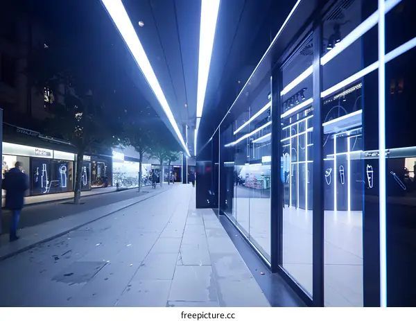 Modern City Street at Night with Neon Lights and Glass Buildings