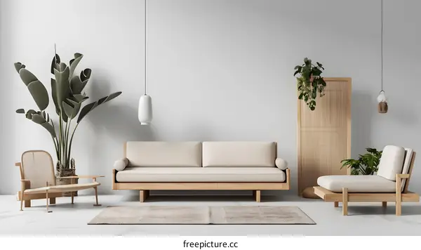 Minimalist Living Room Interior Design With Wooden Furniture and Green Plants