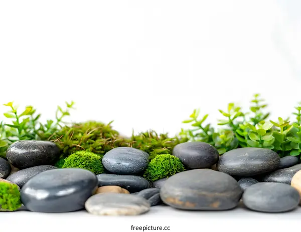 Green Moss and Grey Stones on White Background