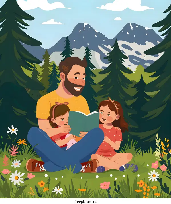 Father Reading Story to Two Daughters in a Forest