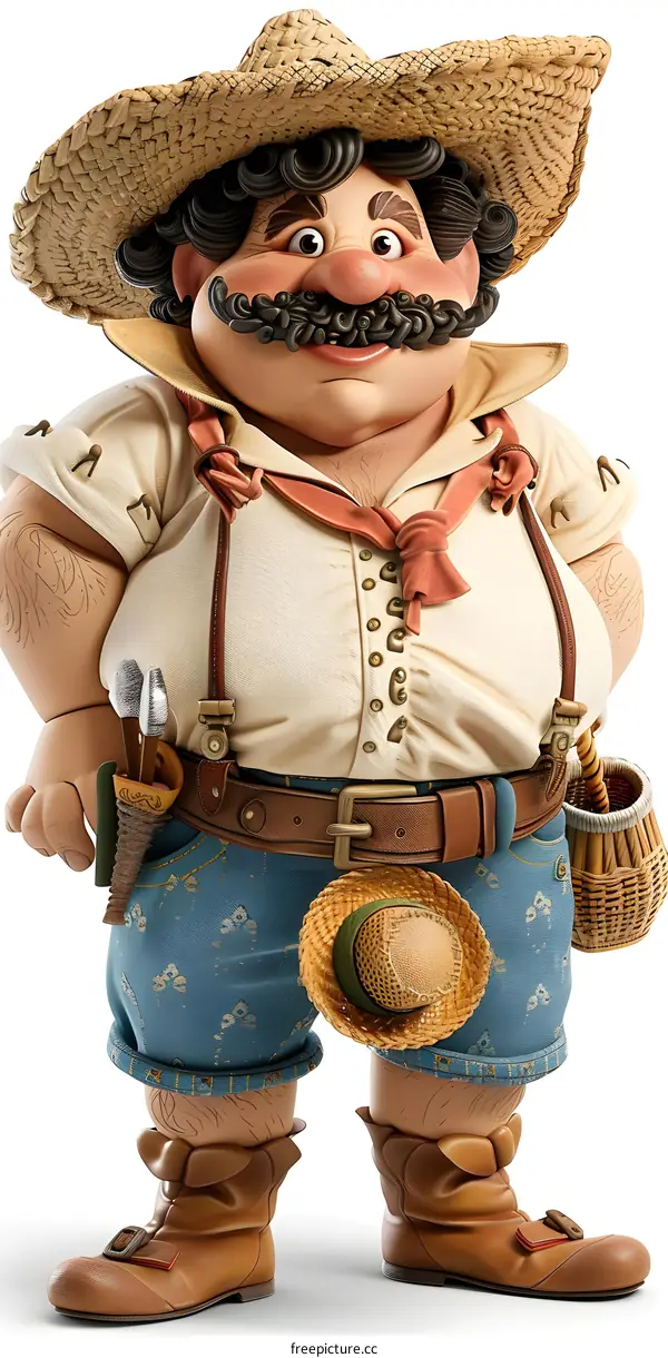 Cartoon Illustration of a Man Wearing a Straw Hat