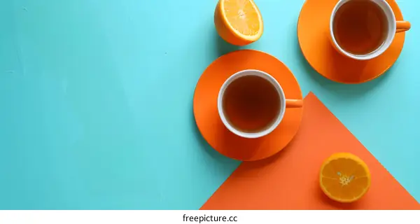 Orange Slices and Tea Cups on a Blue and Orange Background