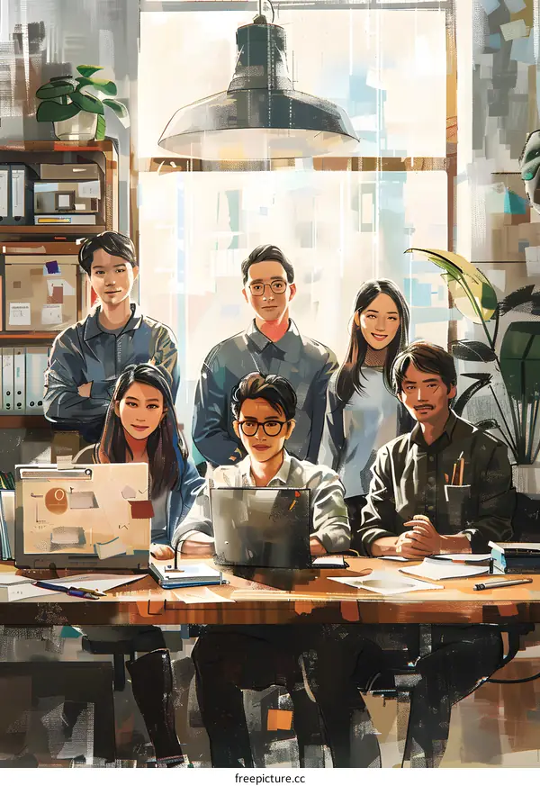 A group of people in an office are discussing a project