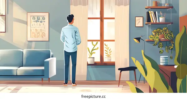 Man Looking Out Window in Living Room Illustration