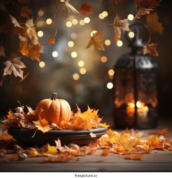 A beautiful still life of a pumpkin and fall leaves with a lantern in the background