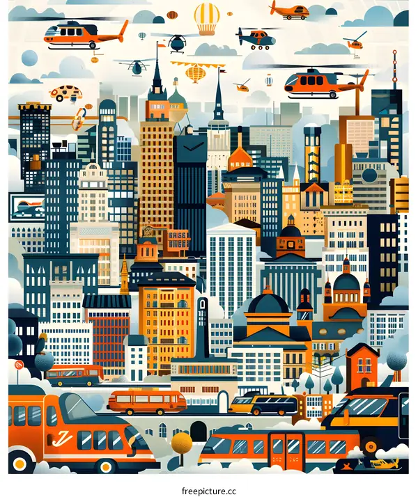 Cityscape with Transport and Buildings Illustration