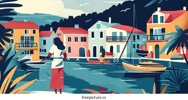 Colorful Illustration Of A Coastal Town With People And Boats