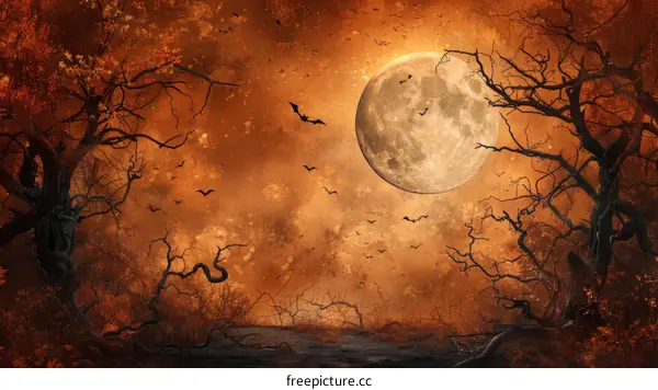 Full moon night with bats flying in a spooky forest