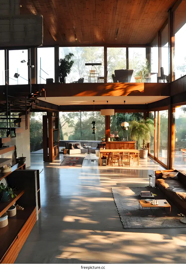 Modern Home Interior Design with Large Windows and Concrete Floors